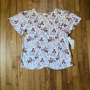 Nine Britton NWT Women's Cream Brown Floral Short Sleeve Blouse Size M